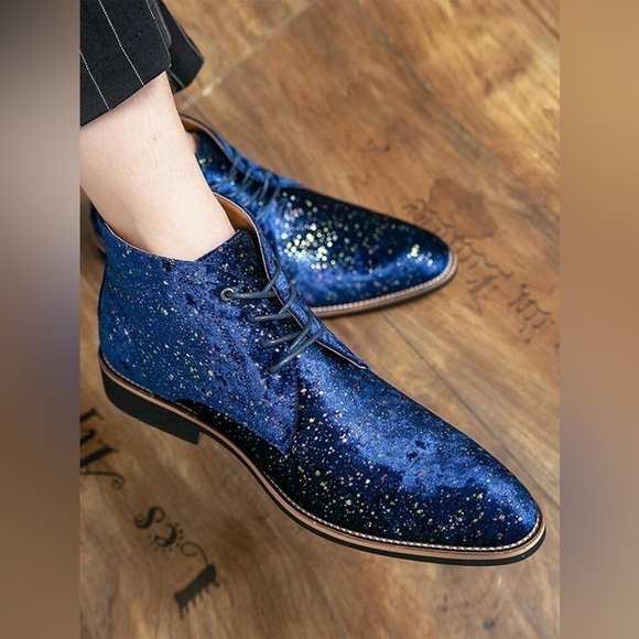 NWT Men Splash Ink Pattern Lace Up Dress Boots Royal Blue Velvet Ankle Boots - Picture 1 of 6